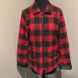 French Dressing Jeans red/black dot plaid faux leather accent zip front jacket
